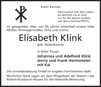 Anzeige von Elisabeth Klink von Mindener Tageblatt
