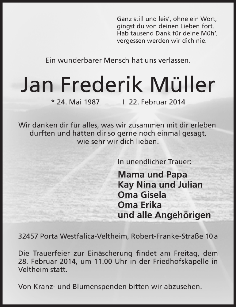 Traueranzeige für Jan Frederik Müller vom 25.02.2014 aus Mindener Tageblatt
