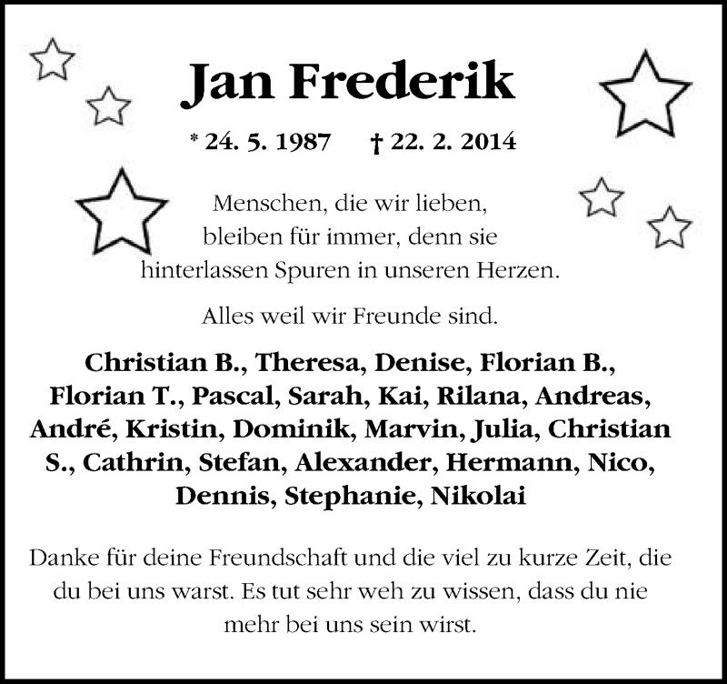  Traueranzeige für Jan Frederik Müller vom 26.02.2014 aus Mindener Tageblatt