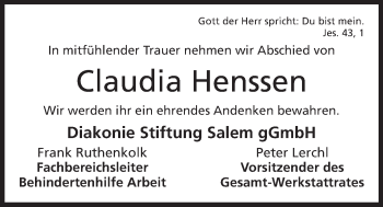 Anzeige von Claudia Henssen von Mindener Tageblatt