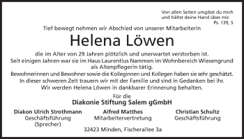 Anzeige von Helena Löwen von Mindener Tageblatt