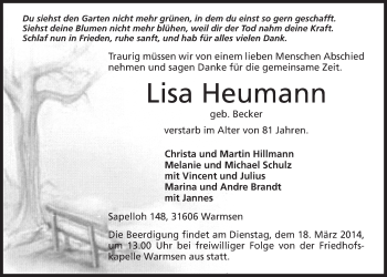 Anzeige von Lisa Heumann von Mindener Tageblatt