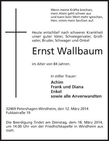 Anzeige von Ernst Wallbaum von Mindener Tageblatt