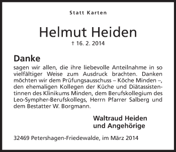 Anzeige von Helmut Heiden von Mindener Tageblatt