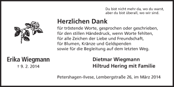 Anzeige von Erika Wiegmann von Mindener Tageblatt