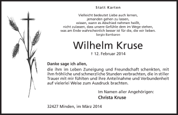Anzeige von Wilhelm Kruse von Mindener Tageblatt