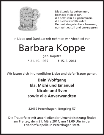 Anzeige von Barbara Koppe von Mindener Tageblatt