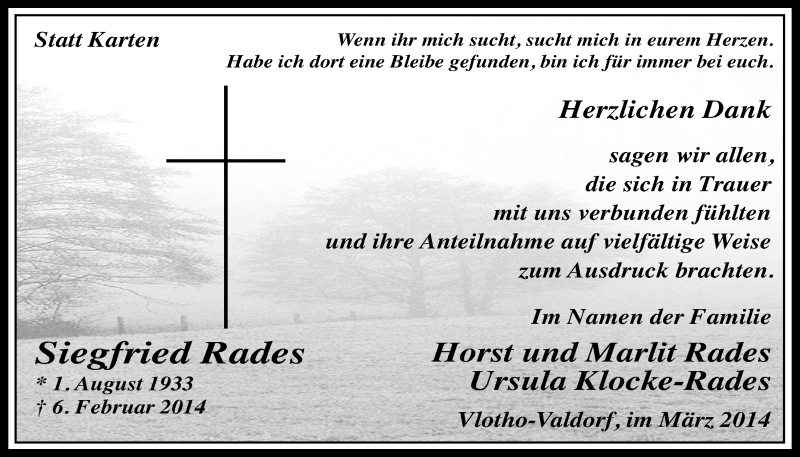 Traueranzeige für Siegfried Rades vom 22.03.2014 aus Mindener Tageblatt