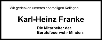 Anzeige von Kar-Heinz Franke von Mindener Tageblatt