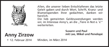 Anzeige von Anny Zirzow von Mindener Tageblatt