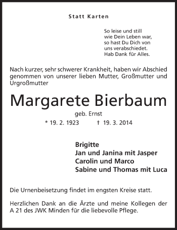 Anzeige von Margarete Bierbaum von Mindener Tageblatt