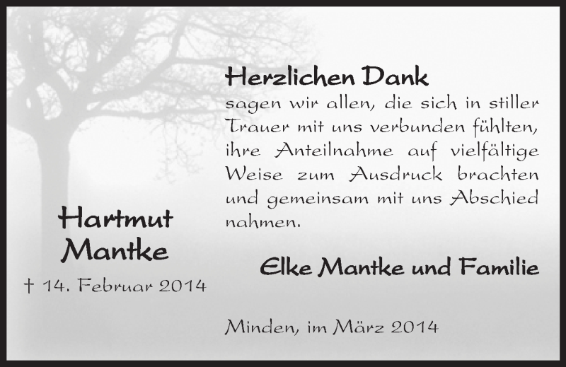  Traueranzeige für Hartmut Mantke vom 22.03.2014 aus Mindener Tageblatt