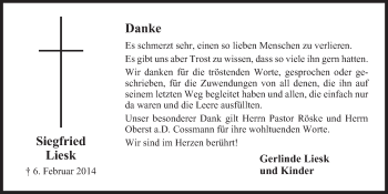 Anzeige von Siegfried Liesk von Mindener Tageblatt