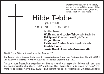 Anzeige von Hilde Tebbe von Mindener Tageblatt