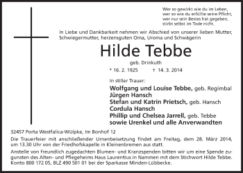 Anzeige von Hilde Tebbe von Mindener Tageblatt