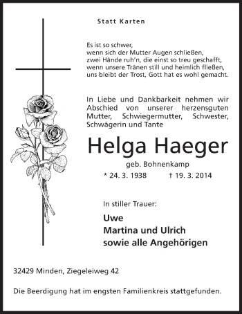 Anzeige von Helga Haeger von Mindener Tageblatt