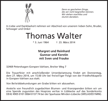 Anzeige von Thomas Walter von Mindener Tageblatt