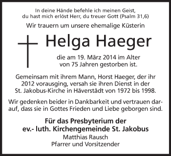 Anzeige von Helga Haeger von Mindener Tageblatt