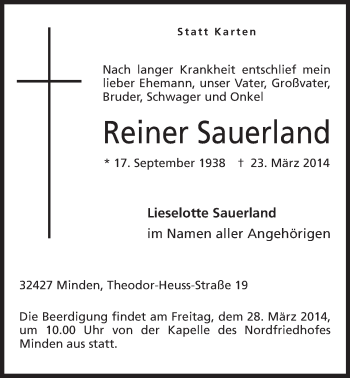 Anzeige von Reiner Sauerland von Mindener Tageblatt