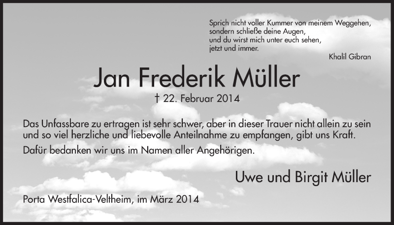  Traueranzeige für Jan Frederik Müller vom 29.03.2014 aus Mindener Tageblatt