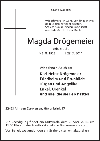 Anzeige von Magda Drögemeier von Mindener Tageblatt