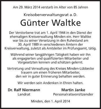 Anzeige von Günter Waltke von Mindener Tageblatt