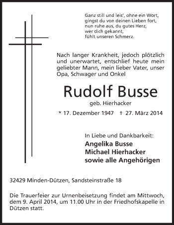 Anzeige von Rudolf Busse von Mindener Tageblatt