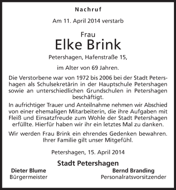 Anzeige von Elke Brink von Mindener Tageblatt