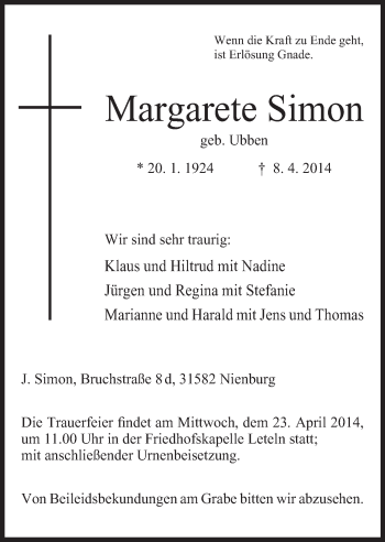 Anzeige von Margarete Simon von Mindener Tageblatt