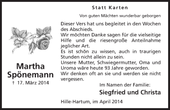 Anzeige von Martha Spönemann von Mindener Tageblatt