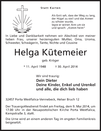 Anzeige von Helga Kütemeier von Mindener Tageblatt