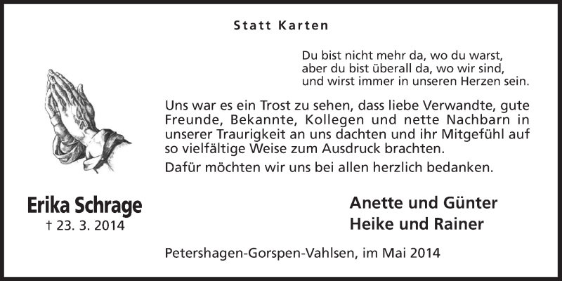  Traueranzeige für Erika Schrage vom 03.05.2014 aus Mindener Tageblatt