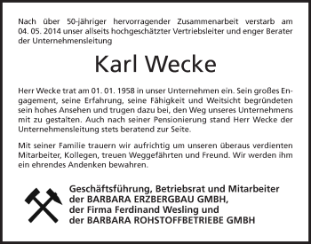 Anzeige von Karl Wecke von Mindener Tageblatt