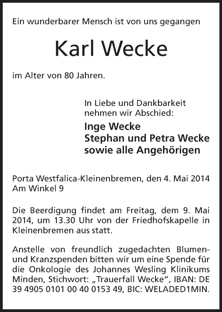  Traueranzeige für Karl Wecke vom 07.05.2014 aus Mindener Tageblatt