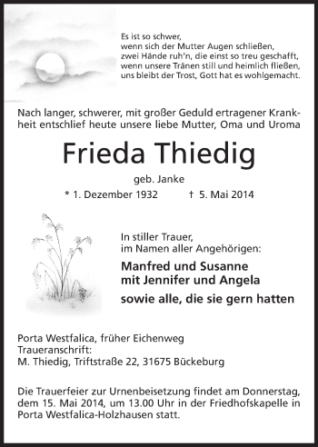 Anzeige von Frieda Thiedig von Mindener Tageblatt