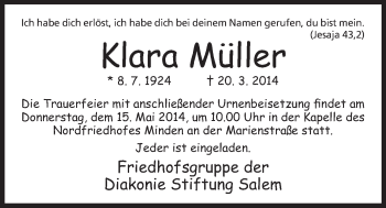 Anzeige von Klara Müller von Mindener Tageblatt