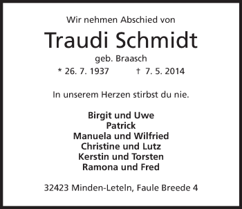 Anzeige von Traudi Schmidt von Mindener Tageblatt