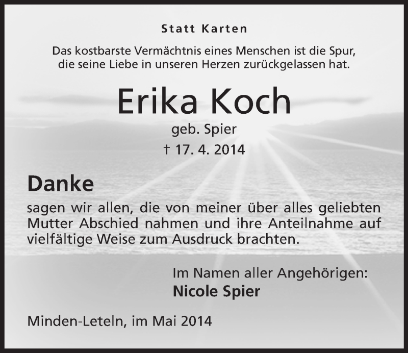  Traueranzeige für Erika Koch vom 10.05.2014 aus Mindener Tageblatt