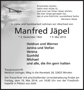 Anzeige von Manfred Jäpel von Mindener Tageblatt