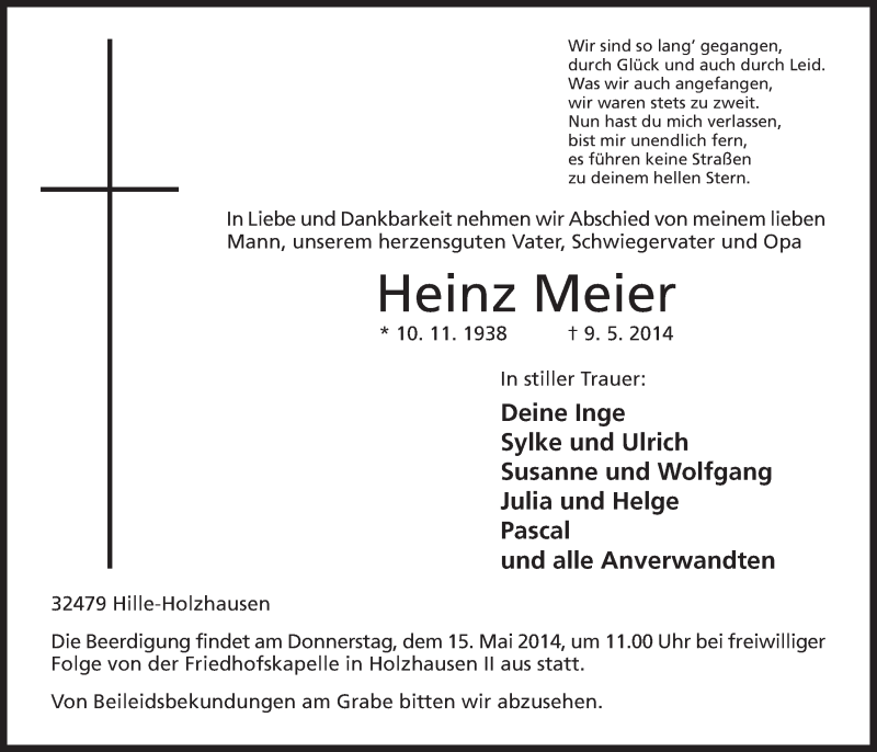  Traueranzeige für Heinz Meier vom 13.05.2014 aus Mindener Tageblatt