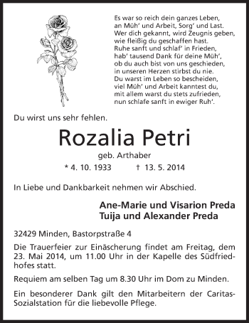 Anzeige von Rozalia Petri von Mindener Tageblatt