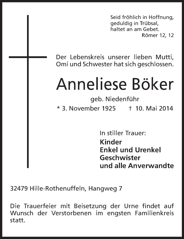  Traueranzeige für Anneliese Böker vom 17.05.2014 aus Mindener Tageblatt