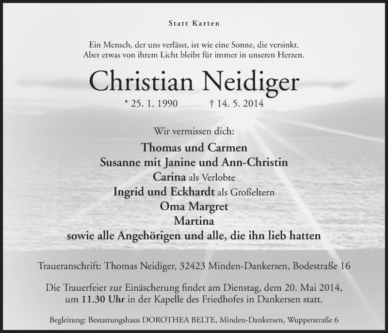  Traueranzeige für Christian Neidiger vom 16.05.2014 aus Mindener Tageblatt