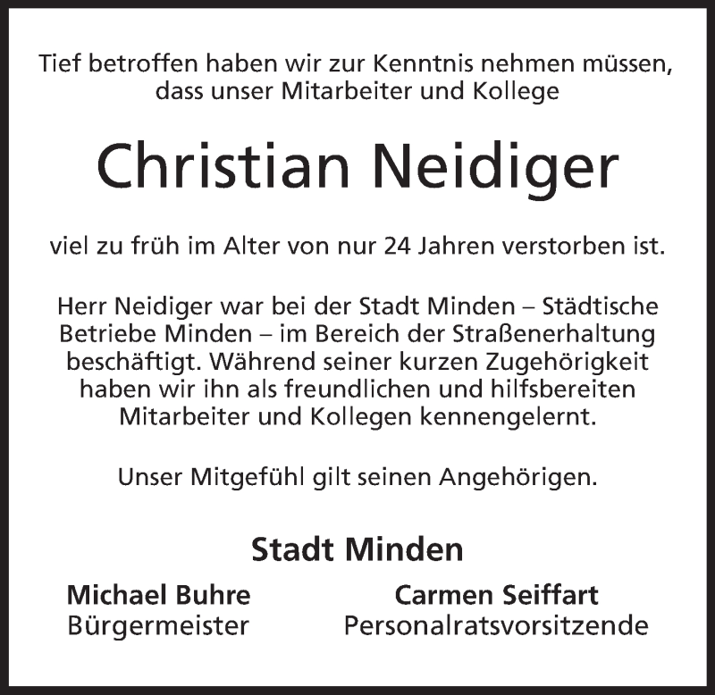 Traueranzeige für Christian Neidiger vom 17.05.2014 aus Mindener Tageblatt
