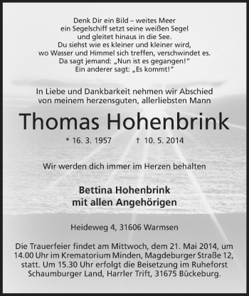 Anzeige von Thomas Hohenbrink von Mindener Tageblatt
