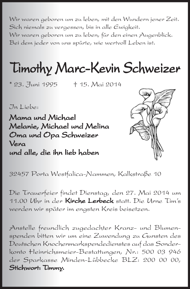  Traueranzeige für Timothy Marc-Kevin  Schweizer vom 24.05.2014 aus Mindener Tageblatt
