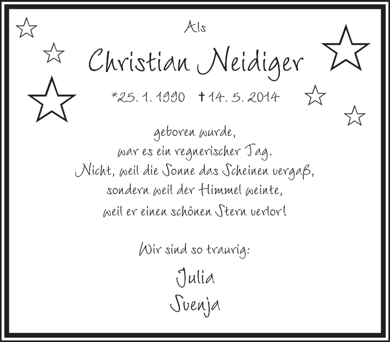  Traueranzeige für Christian Neidiger vom 19.05.2014 aus Mindener Tageblatt
