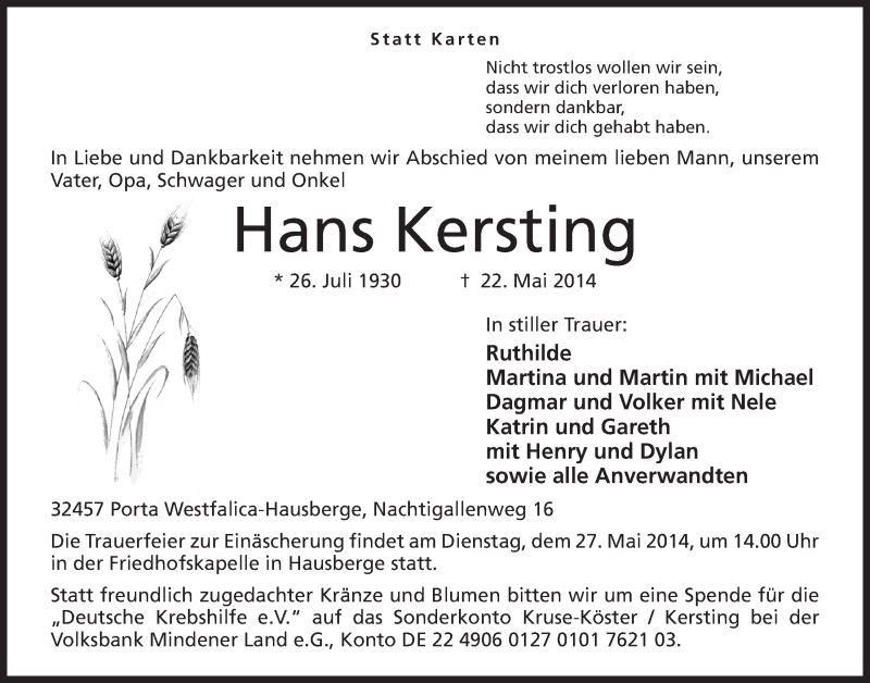  Traueranzeige für Hans Kersting vom 24.05.2014 aus Mindener Tageblatt