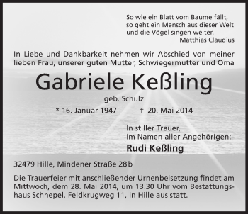 Anzeige von Gabriele Keßling von Mindener Tageblatt
