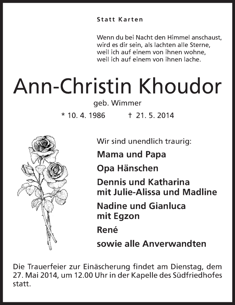  Traueranzeige für Ann-Christin Khoudor vom 24.05.2014 aus Mindener Tageblatt
